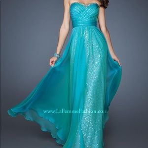 La Femme Prom 18869 peacock strapless sequin dress